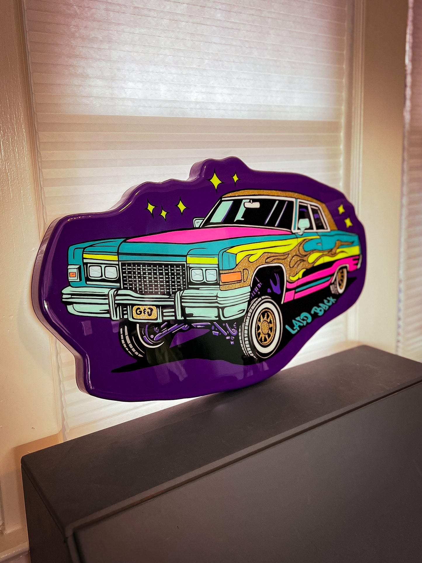 “Laid Back” 90’s Lowrider Table / Wall Art – Hand-Painted Functional Art