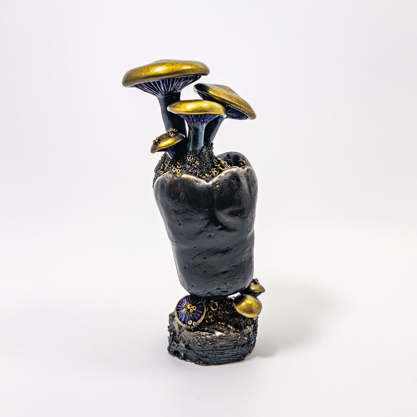 Purple-gilled golden mushrooms on a dental model tooth preserved under a glass dome.